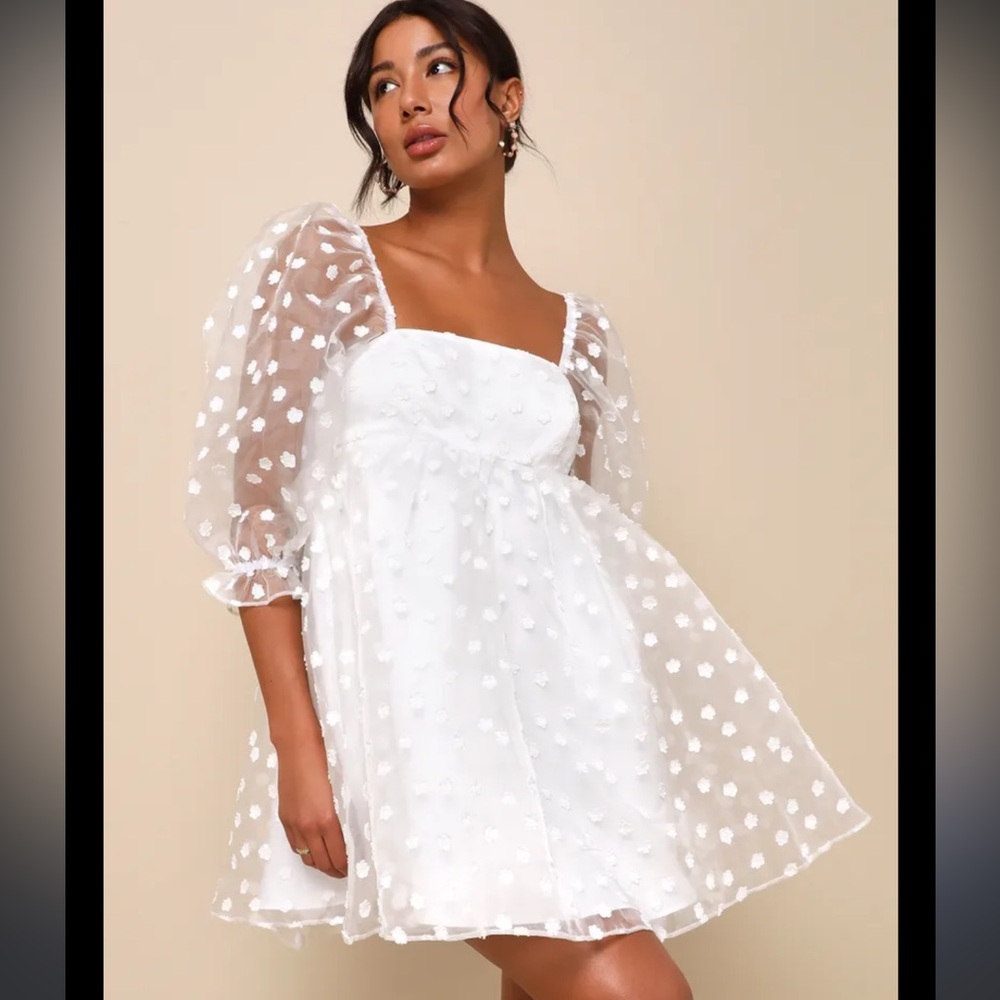 White Organza Mini Dress- Floral Babydoll Dress